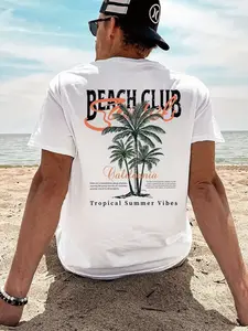 Summer New Beach Club Coconut Tree Print T-Shirt, California Vacation Style Loose Round Neck Unisex Short Sleeve, Casual Long Top