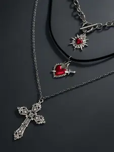3 Piece Gothic Layered Necklaces, Y2K Style Heart Cross Pendants, Subculture Fashion Jewelry, Dark Chic Lockbone Chains, Bold Cross Design