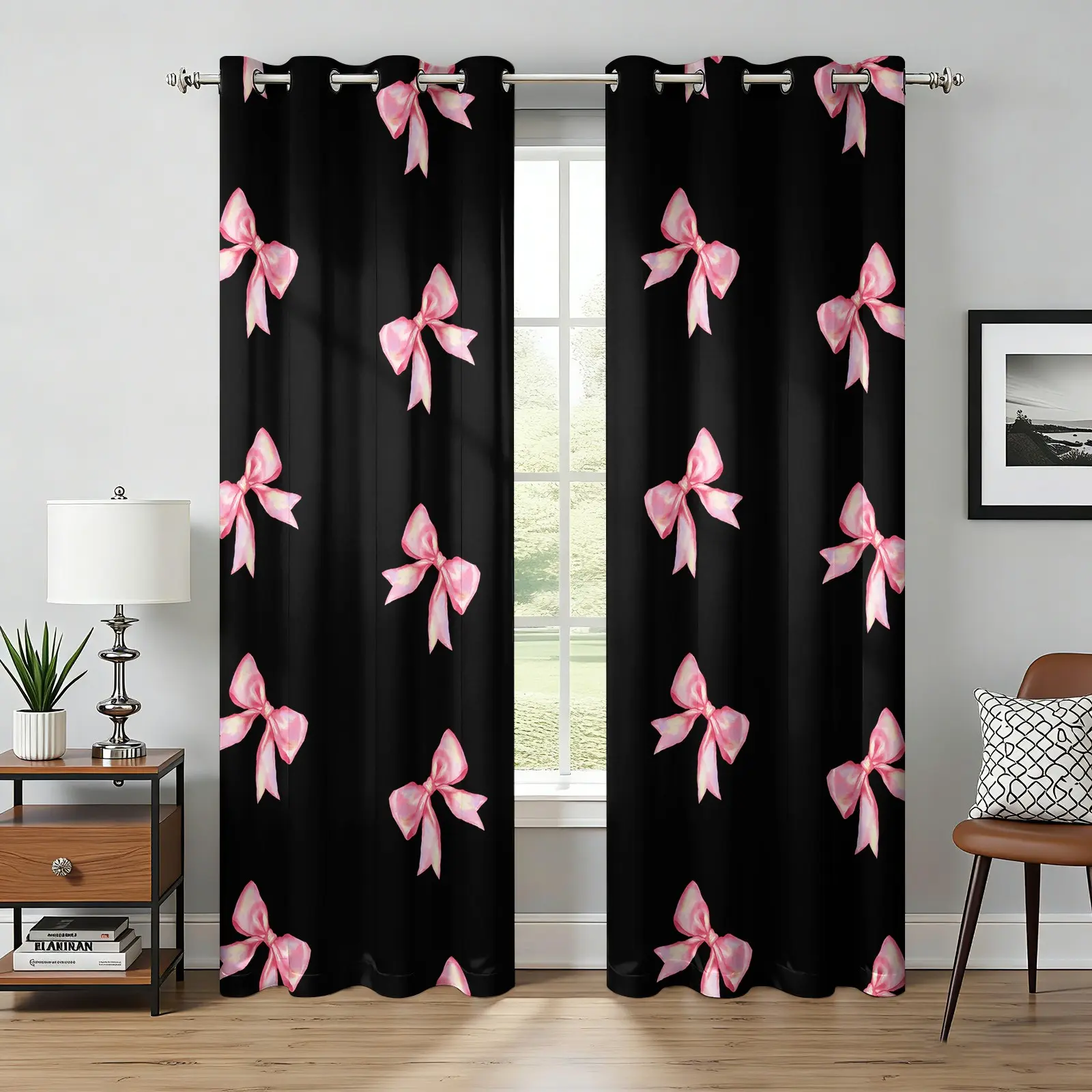 2 Panels Coquette Y2K Pink Bow Print Blackout Curtains, Black Background All-Over Bow Print, Thermal Insulated Grommet Top Curtains, Girly Decoration Curtains, For Teen Girls Bedroom & College Dorm Decor, Window Curtain