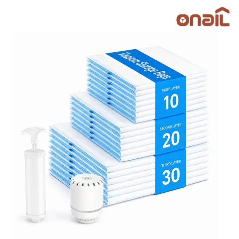 ONAIL Multi-Size Triple-Seal Zip Clothing Storage Bags (30-Pack: 6 Jumbo/12 Large/12 Medium) with Hand Pump Ease, Household Organiser, Vacuum Compression Accessories
