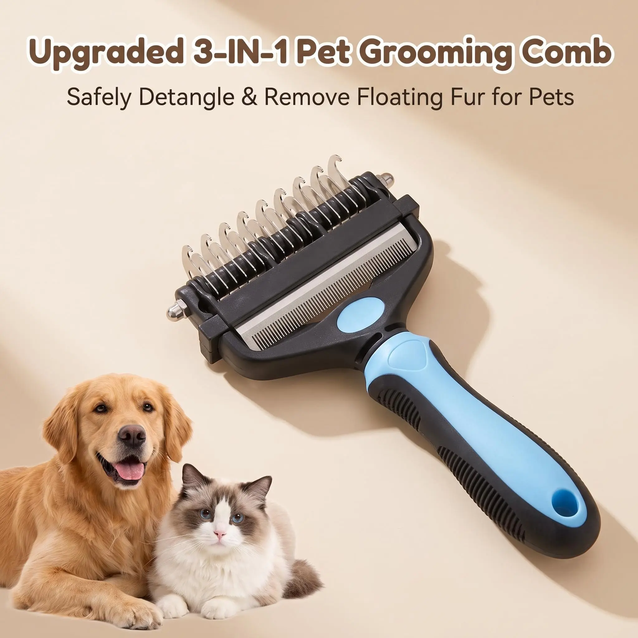 Upgraded Pet Grooming Deshedding,brush-double side hurtless Rake with Rounded Blades,1-Click Clean,Universal Fit for Long-Haired Dogs&Cats,Daily Beauty/Hair Care to Detangle Mats,Reduce Loose Hair,Extra-Wide Mess-Free cepillo paramascotas easy removal