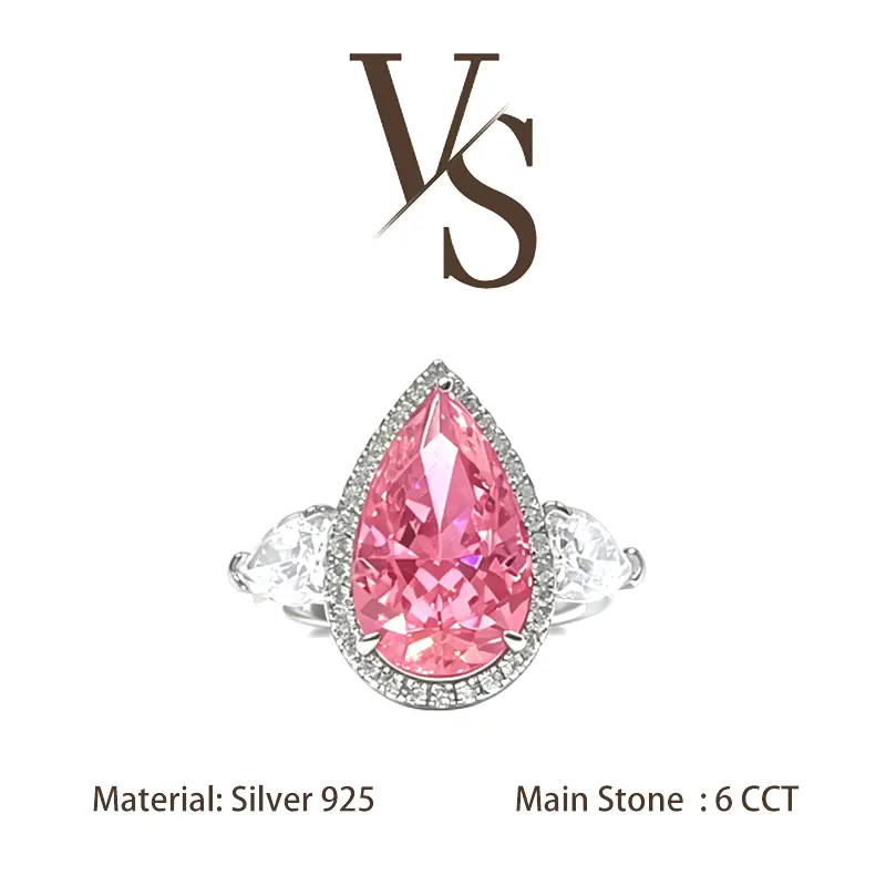 [Venus Jewelry] Lab Created Gemstone 6 CCT Pink Pear Shape Solid Silver 925 Design Ring