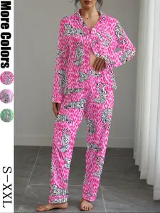 Women's Autumn Winter Pajama Set, Tiger Print, Casual Fitted Long Sleeve Top & Elastic Pants, Soft Stretchy Fabric, Home Wear, Loungewear