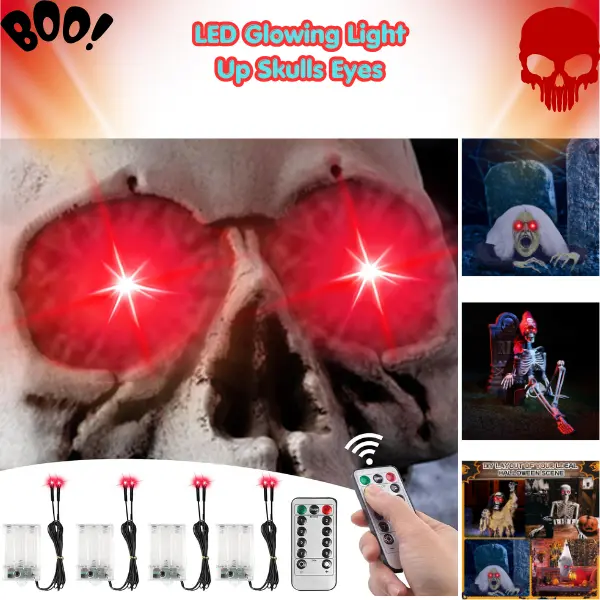 4 Pack Halloween LED Glowing Skull Eyes, Light Up Horror Eyes with Battery Operated Lights, DIY Halloween Decor for Masks, Pumpkins, Tombstones, Spiders & Haunted House Props