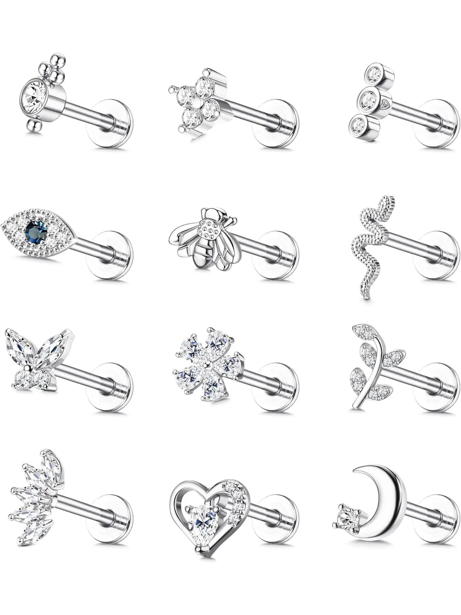 12Pcs 16G Cartilage Stud Earring for Women Stainless Steel Top Screw Flat Back Earrings Butterfly Evil Eye Moon Heart CZ Cartilage Earrings Nose Rings Studs Conch Helix Tragus Piercing Jewelry Flat Pierced Jewelry
