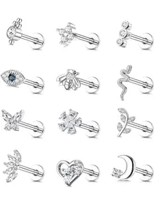 12Pcs 16G Cartilage Stud Earring for Women Stainless Steel Top Screw Flat Back Earrings Butterfly Evil Eye Moon Heart CZ Cartilage Earrings Nose Rings Studs Conch Helix Tragus Piercing Jewelry