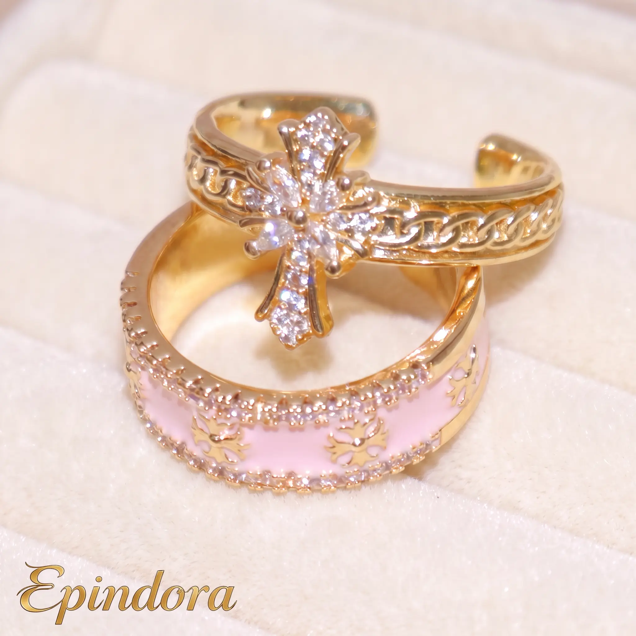 Epindora Gold Tone CZ Cross Enamel Ring Set