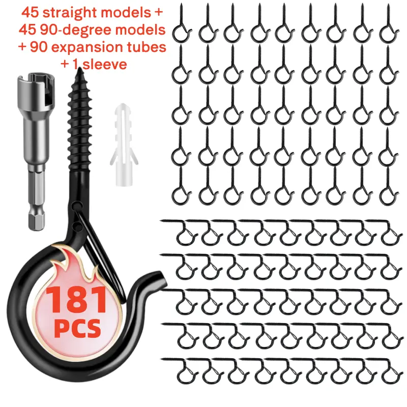 61 pieces / 181 pieces Q-type screw hooks, two shapes, metal wall-mounted hanging hooks, with safety clips, suitable for flower baskets, outdoor string lights, lanterns, wind chimes, Halloween and Christmas decorations, with a sleeve tool included