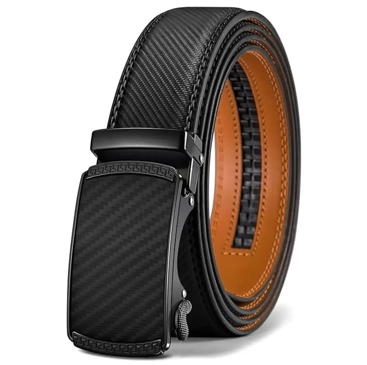 Men's Heavy Duty Dark-Colored Leather Belt - Automatic Ratchet Buckle with Easy Release, Adjustable Cuttable 28-48 in Length, Gift Boxed for Dad (Casual Buckles Automatic Boxed Men's Belt), Automatic Men's Belts, Boxed Men's Belts
