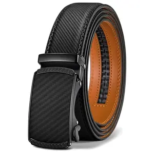 Men's Heavy Duty Dark-Colored Leather Belt - Automatic Ratchet Buckle with Easy Release, Adjustable Cuttable 28-48 in Length, Gift Boxed for Dad (Casual Buckles Automatic Boxed Men's Belt), Automatic Men's Belts, Boxed Men's Belts