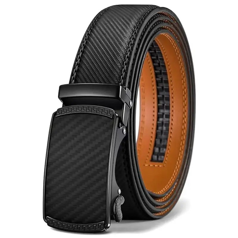 Men's Heavy-Duty Dark-Colored 100% Animal Hide Leather Ratchet Belt - Auto Buckle, Easy Release, Adjust-Fit Cuttable 28-48 in Length, Automatic Boxed, Black Straps Casual Fashion Accessory, 100% Leather Men's Belts