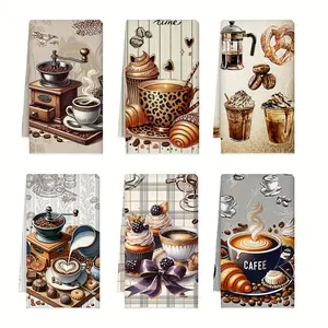 Vintage Microfiber Coffee Bar Kitchen Towels Set of 6 (16x24 in) - Lightweight Absorbent Cleaning Cloths for Espresso Latte Cups, Dish, Tea Use, Ideal Gift