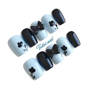Black Bow Handmade Press-On Nails | Short Square Shape, 10pcs | Edgy Y2K Black Flower Design | Light Blue & Black Color Block & 3D Bow Accents | Reusable DIY Nail Kit for Women | Trendy Nails for Spring, Summer, Travel & Daily Wear | Cool Edgy Y2K Look