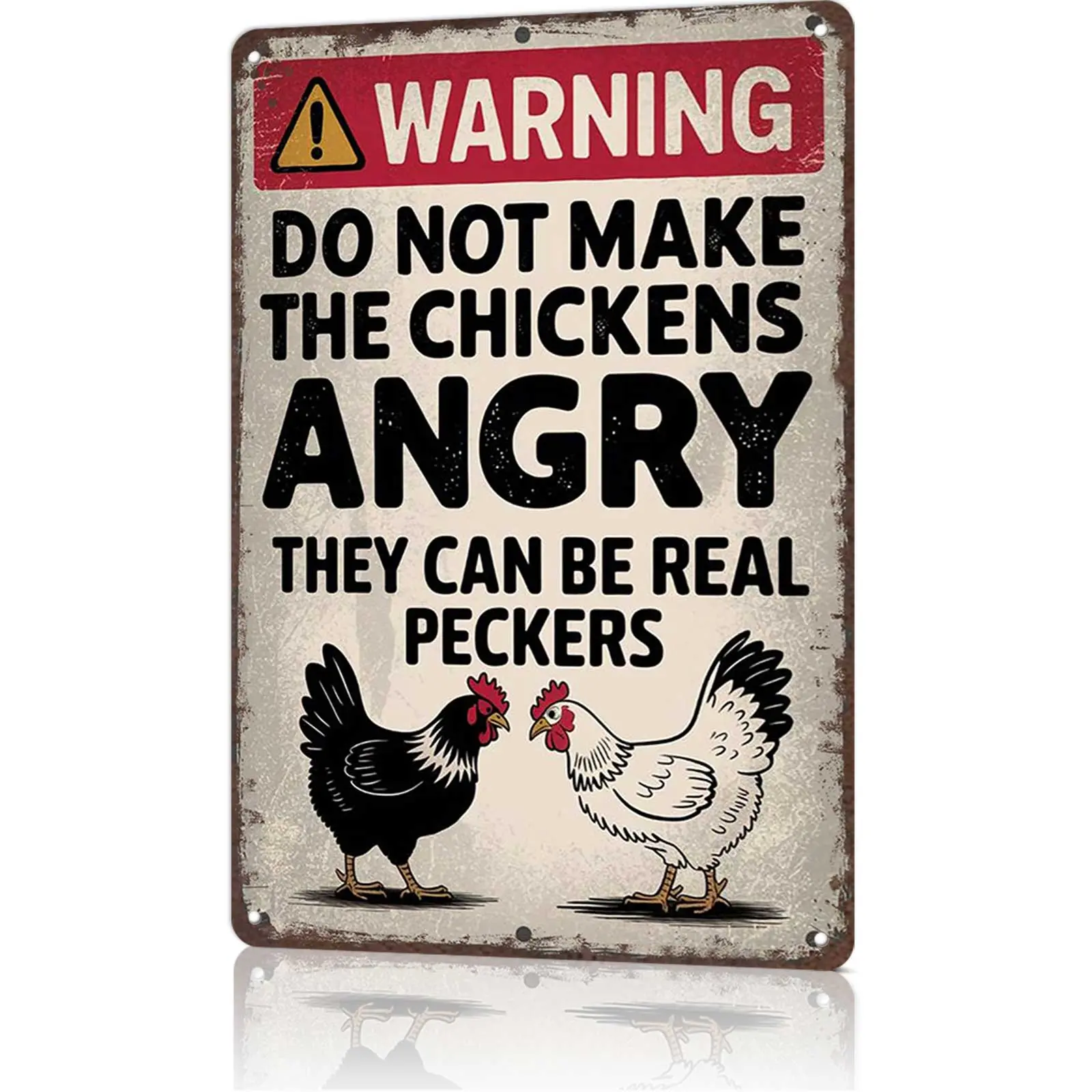 "Do Not Make Chickens Angry" Warning Metal Sign - 8x12 aluminum farm decor for coops, patios, or TikTok funny farm reels! Bold black-and-white design with two chickens, ideal for viral chicken humor content and gift unboxings for farm enthusiasts