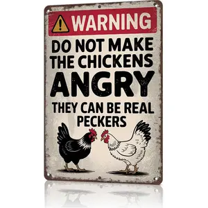 "Do Not Make Chickens Angry" Warning Metal Sign - 8x12 aluminum farm decor for coops, patios, or TikTok funny farm reels! Bold black-and-white design with two chickens, ideal for viral chicken humor content and gift unboxings for farm enthusiasts