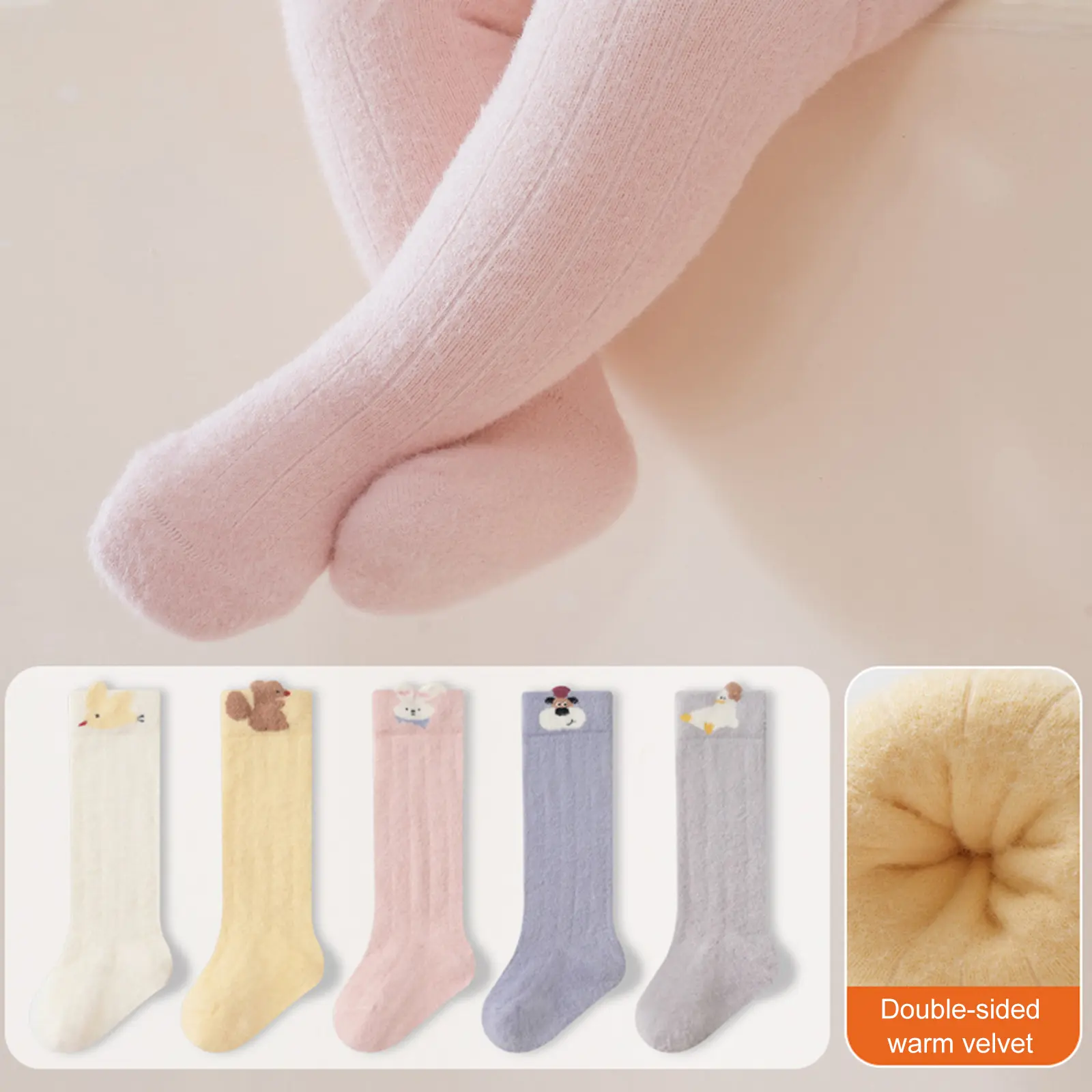 Baby Girls' Ribbed Knee-High Socks, Warm Velvet Polyester with Cartoon Animals, Cozy Winter Footwear for Infants & Toddlers 0-6 Months, Ribbed Texture, Girl-Specific, Double-Sided Velvet, Daily