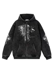 Men's American Vintage Dark Wash Tie-Dye Skull Cross Zipper Graphic Hoodie, Casual Loose-Fit Long Sleeve for Fall & Winter