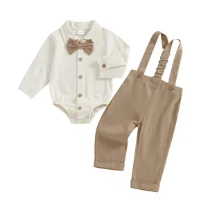 Baby Boys 2PCS Fall Winter Clothes Outfit Sets Long Sleeve Lapel Button Up Romper Onesie+ Solid Color Suspender Pants Sets