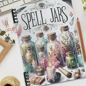 A colored mystical spiral notebook, a magic jar pattern notebook, containing elements like herbs and crystals, spiral bound, with detachable and refillable horizontal lined pages, suitable for gifting or personal use