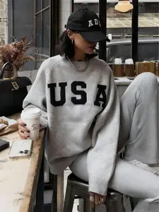 Women's Embroidered Round Neck Long Sleeve Casual Knitted Pullover Sweater, Stylish and Comfortable, Perfect for Everyday Wear