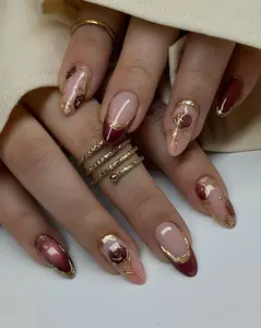 Burgundy Gold Rose Press On Nails Valentine French Tip Floral Acrylic Luxury Romantic Nails for Date Night Gift