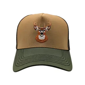 Deer Hat – Minimalist Wildlife Design Unisex Green Brown & Beige Trucker Cap with Adjustable Fit Spandex & Nylon Comfortable Breathable Embroidered Deer Face Breathable Mesh Back All Seasons