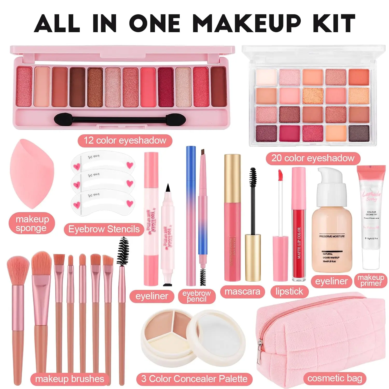 Gentle Flawless Daily Long-Lasting Cosmetic All-in-1 Makeup Kit for Teen Girls Beginners - Foundation, Eyeshadow, Lipstick, Eyeliner, Mascara, Brushes, Bag, Travel-Friendly Gift Set for Birthdays, Graduation