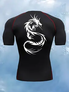 Men's Dragon Print Compression T-Shirt, Compression Workout Shirts, Quick-Dry Breathable Stretch Fabric, Tight-Fitting Short Sleeve Top, Sports Tee for Fitness and Outdoor Activities