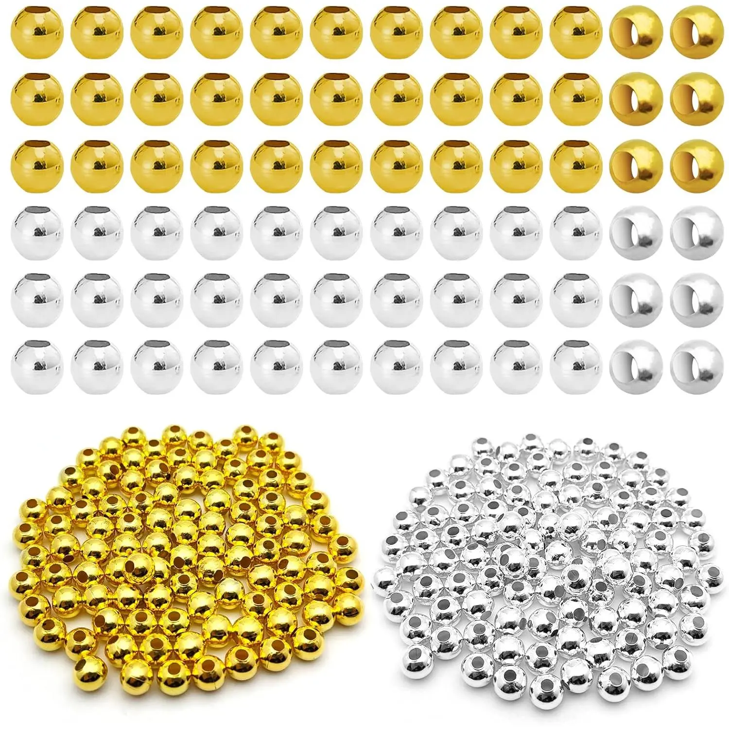 200-Count 8mm Round Metal Beaded Set - Smooth Loose Spacers & Ball Pieces for Stackable Bracelets, Necklaces, DIY Beading Crafts (Mixed Beads)