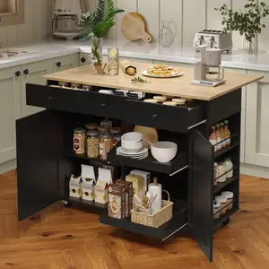 Garvee Rolling Kitchen Island with Drop Leaf Countertop, Charging Station & Ample Storage - 47.2" Mobile Kitchen Cart On Wheels with Pull-Out Shelves, Drawers, Spice Rack & Organizer Divider