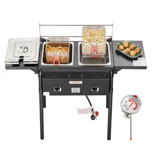 VEVOR Outdoor Propane Deep Fryer,  Double Burners Commercial Fryer, 16 Qt Stainless Steel Cooker with Removable Baskets & Lids & Tanks, Oil Fryer Cart with Thermometer & Regulator, For Outdoor Cooking