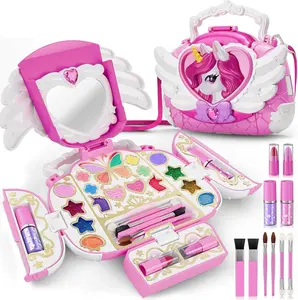 Unicorn Kids Makeup Kit with Mirror & Strap – Washable Girls Makeup Set, All-in-1 Unicorn Cosmetic Purse, Pretend Play Princess Makeup Toys, Birthday Gift for Girls Ages 3-12