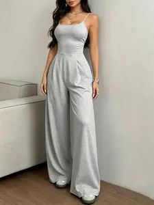 Women's Sleeveless Jumpsuit, Square Neck High Waist Wide Leg, Casual Plain Design, Slim-Fitting Long Pants, Daily Wear Chic Fashion