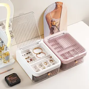Dustproof Jewelry Storage Box with Flip Lid, Multi-Compartment Large Capacity Organizer for Earrings, Rings, Lipstick and Cosmetics.