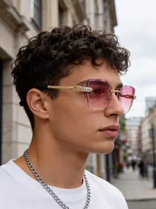 Square rimless metal cut-out sunglasses, elegant and sophisticated design. Unisex. Perfect for travel, beach, weddings, road trips, street photography, music festivals, parties, driving, gifting, decoration.