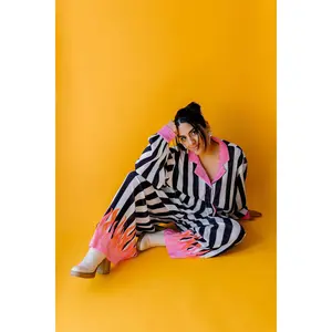 TABY ORIGINAL: Pretty In Flames Long Sleeve Plisse Pant Set in Sizes XS-5X***