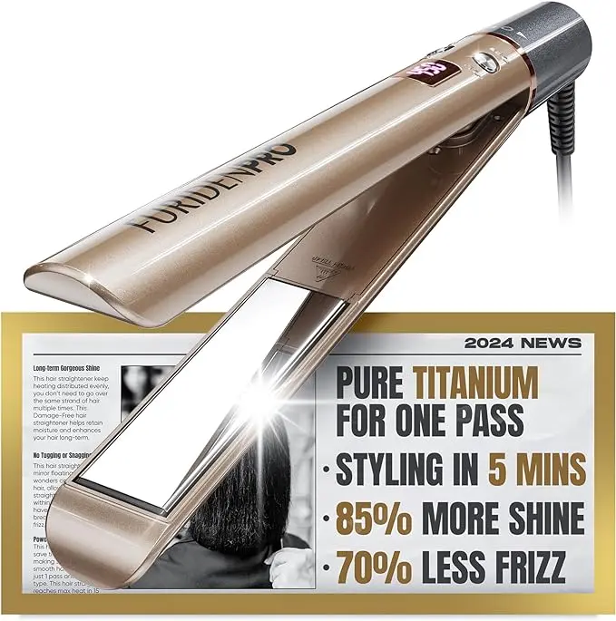 FURIDEN Titanium Flat Iron - One Pass to Achieve a Silky, Shiny, Sleek Look | Add 85% of Shine | Eliminates 70% of Frizz