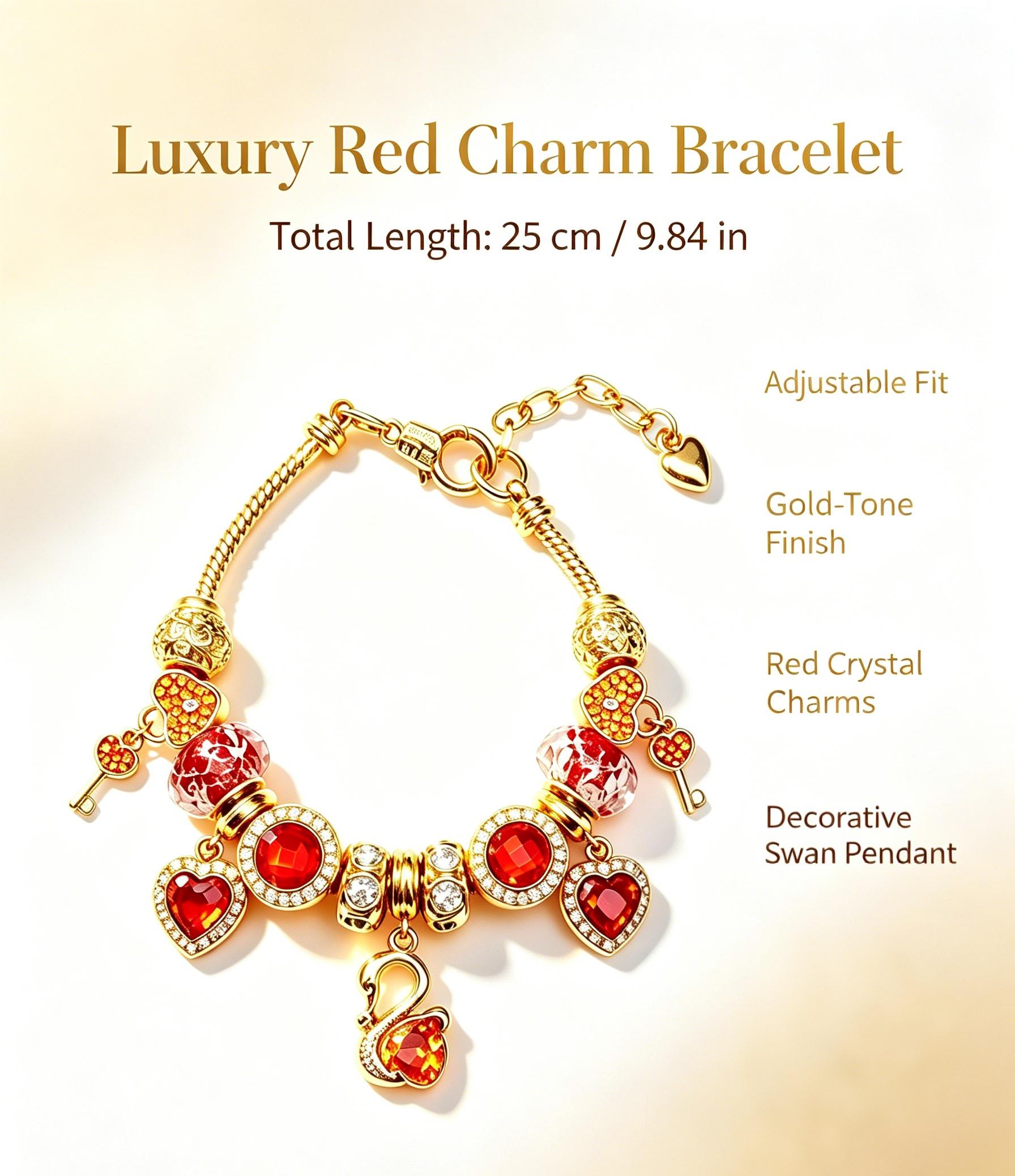 Luxury Red Crystal Charm Bracelet, Shiny Gold Tone Snake Chain Bracelet with Swan, Heart & Key Charms, Adjustable Beaded Fashion Jewelry Gift for Women Girls