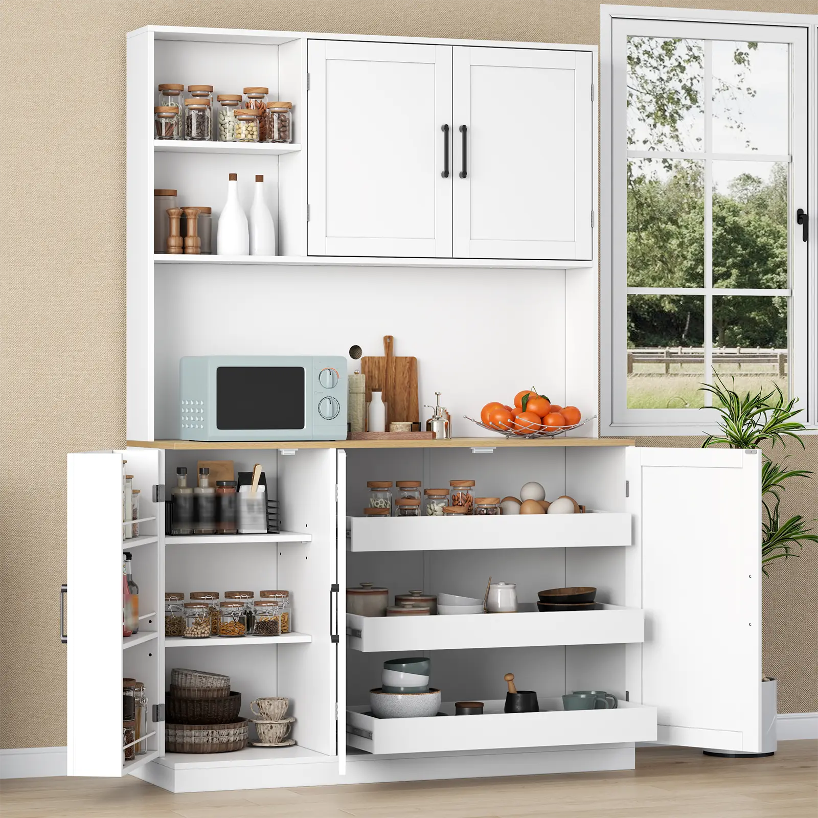 Gyfimoie Tall Kitchen Pantry Cabinet, Storage Cabinets with Hutch & Door Shelves & Microwave Coffee Stand and 3 Pull-out Drawers, Pantry Organizer for Dining Room, Living Room