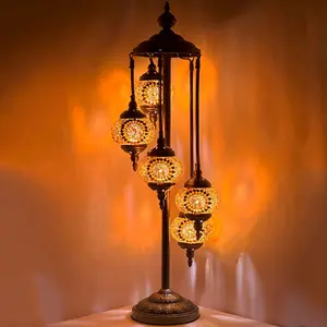 Vibrant Orange Blossom Handmade Turkish Lamp with Quintuple Globes