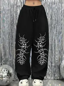 Black Oversized Skull Graphic Sweatpants for Women - Y2K Gothic Baggy Casual Streetwear Pants with Drawstring Waist