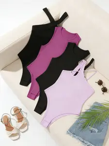 Women's Asymmetrical Knit Jumpsuit, Sleeveless One Shoulder Cutout Slim Fit Top, Womenswear, Casual Fashion for All Seasons