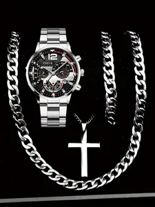 Men's Casual Fashion Watch Set, Including Round Dial Analog Quartz Watch & Chain Bracelet & Pendant Necklace, Fashion Watch Set for Party, Daily Decor, Exquisite Watch Set for Gift, Jewelry Men