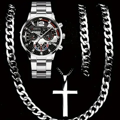 Men's Casual Fashion Watch Set, Including Round Dial Analog Quartz Watch & Chain Bracelet & Pendant Necklace, Fashion Watch Set for Party, Daily Decor, Exquisite Watch Set for Gift, Jewelry Men