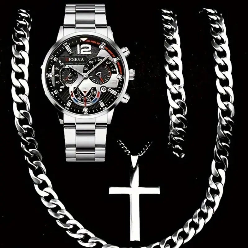 Men's Casual Fashion Watch Set, Including Round Dial Analog Quartz Watch & Chain Bracelet & Pendant Necklace, Fashion Watch Set for Party, Daily Decor, Exquisite Watch Set for Gift, Jewelry Men