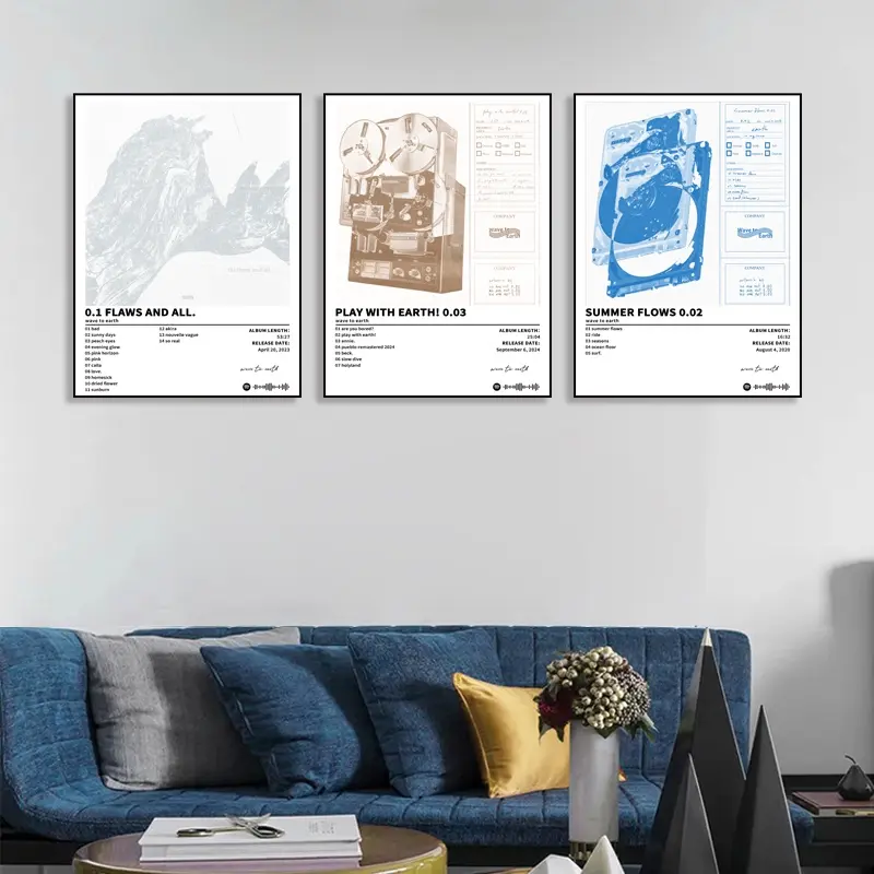 3-piece set: Music album artist, new creative tracklist, Wave to Earth/0.1 Flaws and All, Song cover poster Decorative Artwork, Ideal gift for bedroom, living room, or hallway, Room decoration, Modern Home Decoration, Home Wall Decor, Frameless