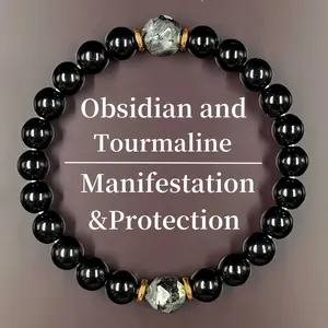 Obsidian & Black Tourmaline Bracelet – Black Grounding Stone for Manifestation & Protection, Healing Crystal Beaded Jewelry for Men Women, Perfect Christmas Gift for Mom Dad Valentine Birthday y2k accessories chain marquise engagement rings promise gf fri