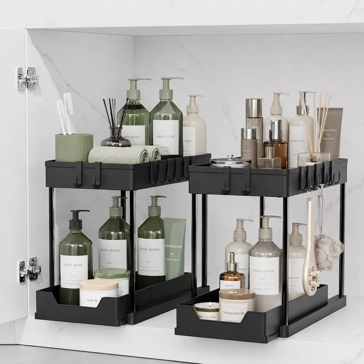 2-Tier Pull Out Metal Storage Rack,Detachable Sliding Organizer equipped with 5 Side Hooks & 3 Hanging Baskets,Rustproof Waterproof Black Shelf,Tool-Free Assembly. Space-saving solution for under sink cabinet,bathroom vanity,kitchen counter
