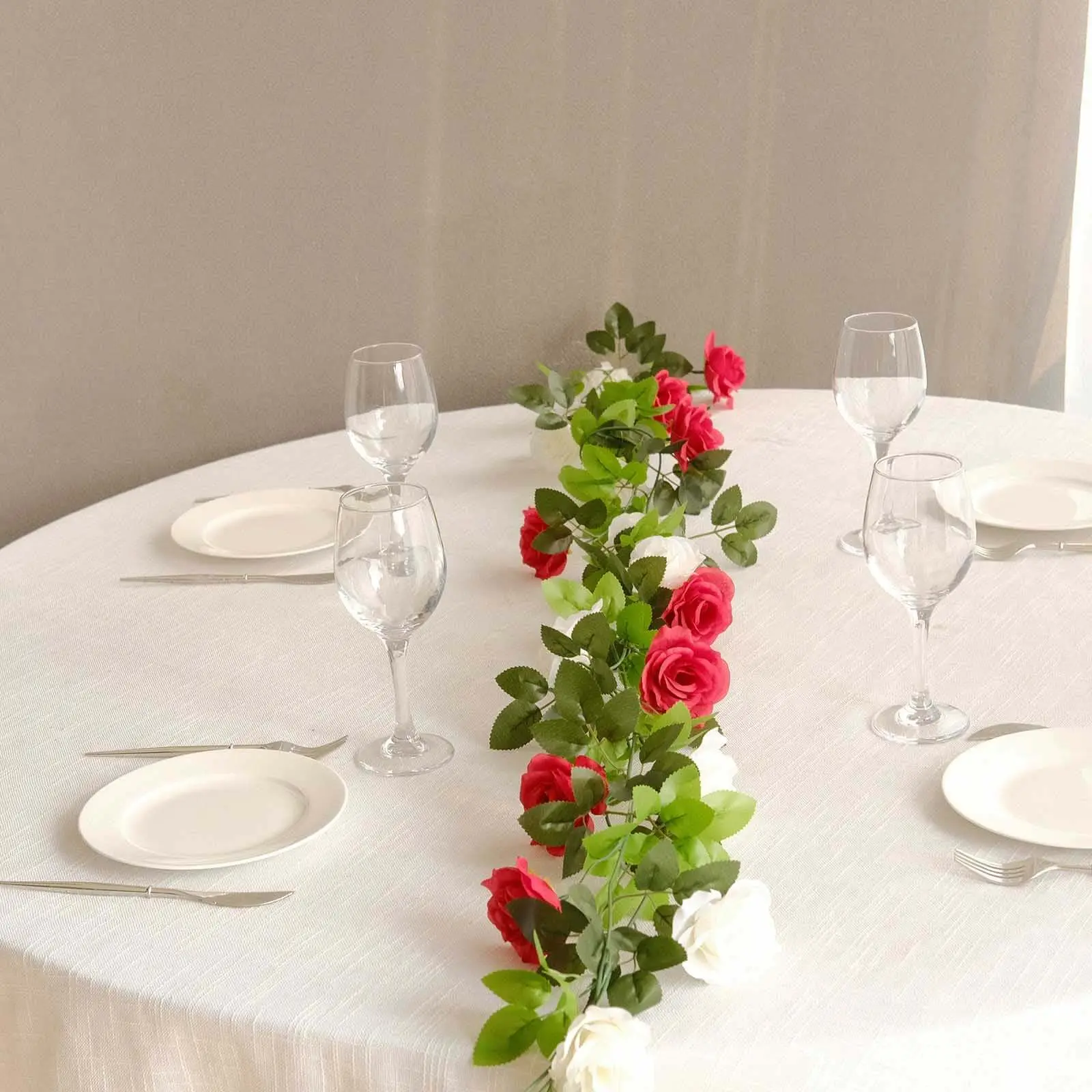2-Pack Red Ivory Artificial Silk Rose Mini Vines Hanging Garland - 26 Flower Heads, 7 ft Long Decorative Silk Roses Multipack for Wedding, Floral, Indoor/Outdoor Home Use