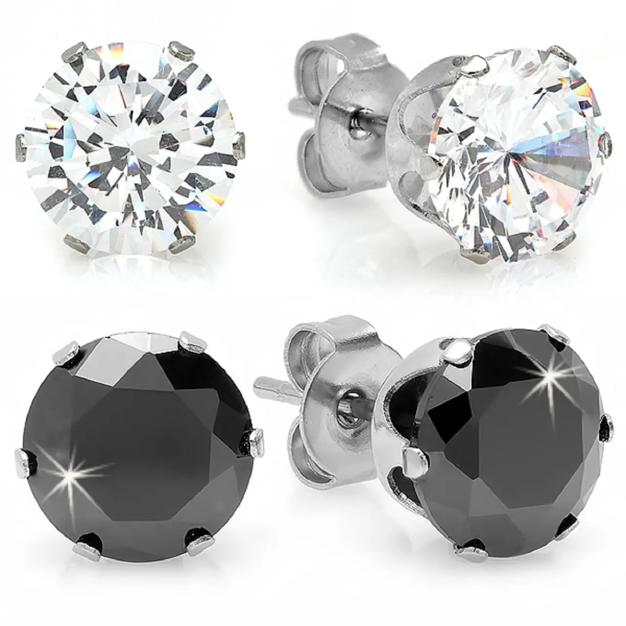 Checkerboard CZ Stud Earring Set - Black & Crystal Simulated Diamonds